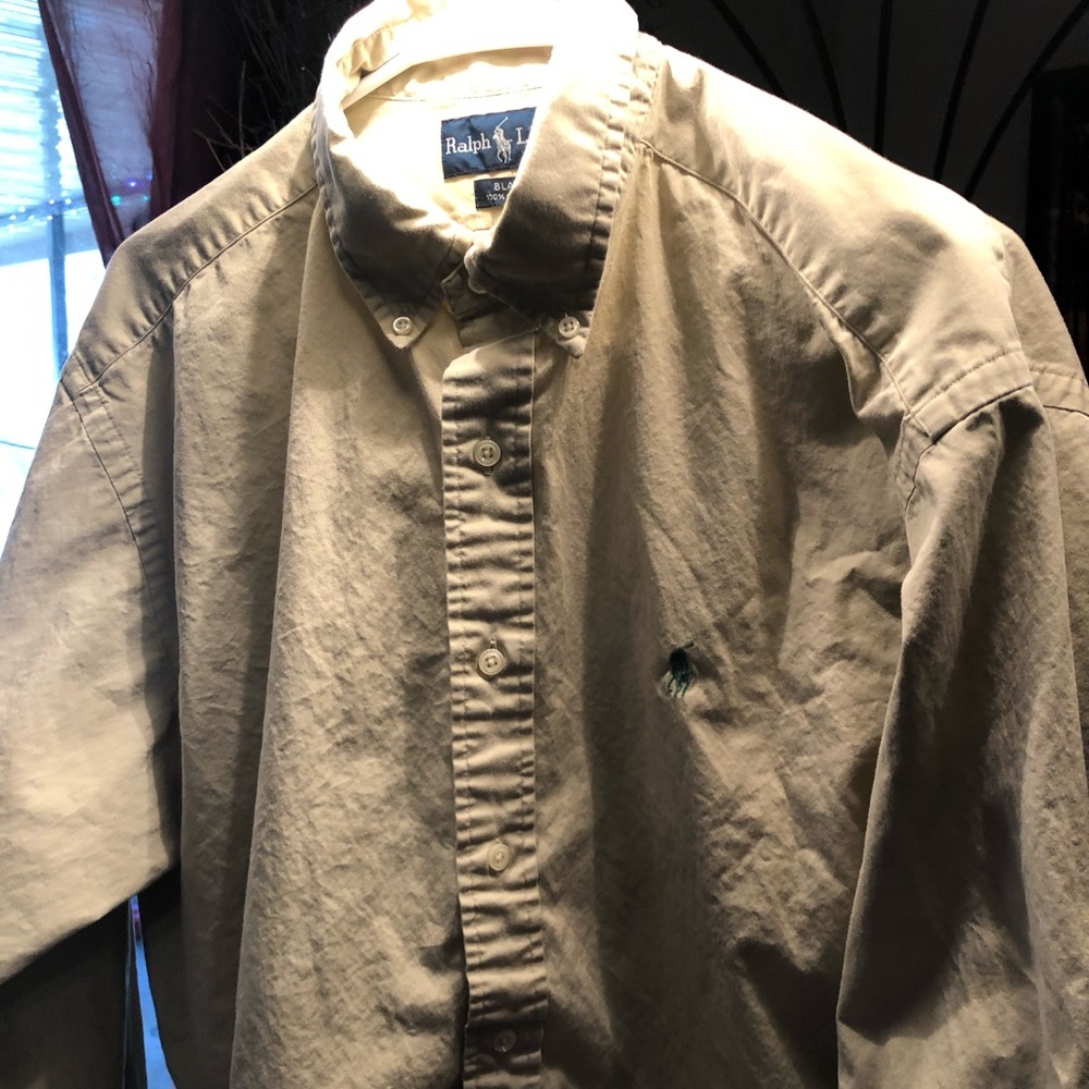 Polo by Ralph Lauren oxford, tan with green logo. XL or 17 1/2